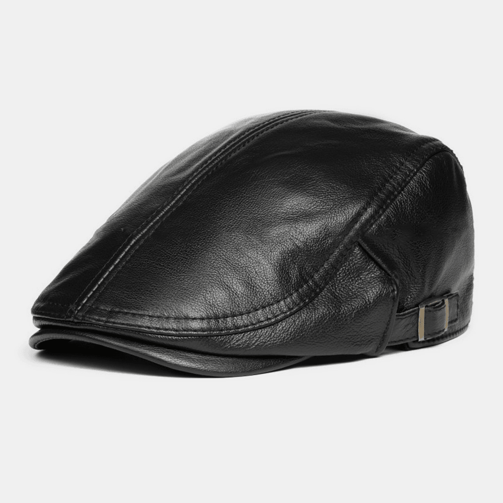 Men Genuine Leather Solid Casual Classical Warm Forward Hat Beret Hat - MRSLM