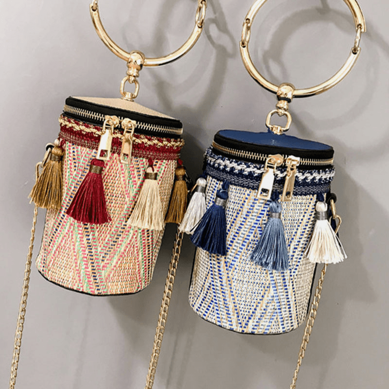 Women Summer Tassel Chains Straw Handbag Crossbody Bag Shoulder Bag - MRSLM