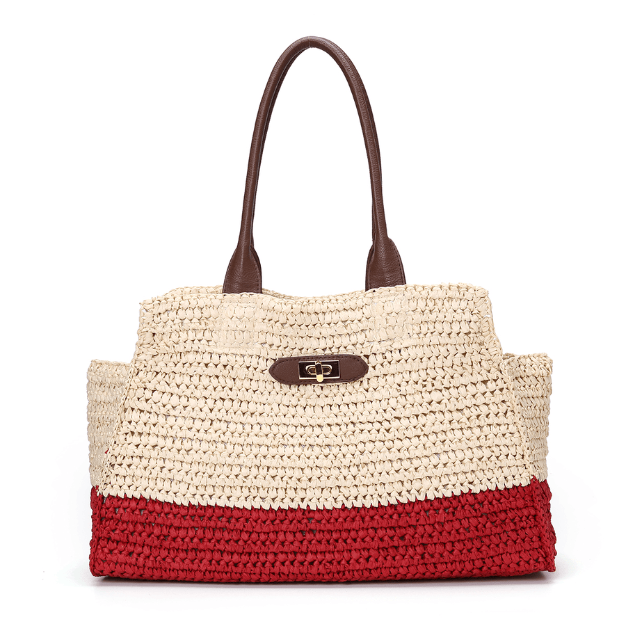 Women Patchwork Straw Shoulder Bag Handbag - MRSLM