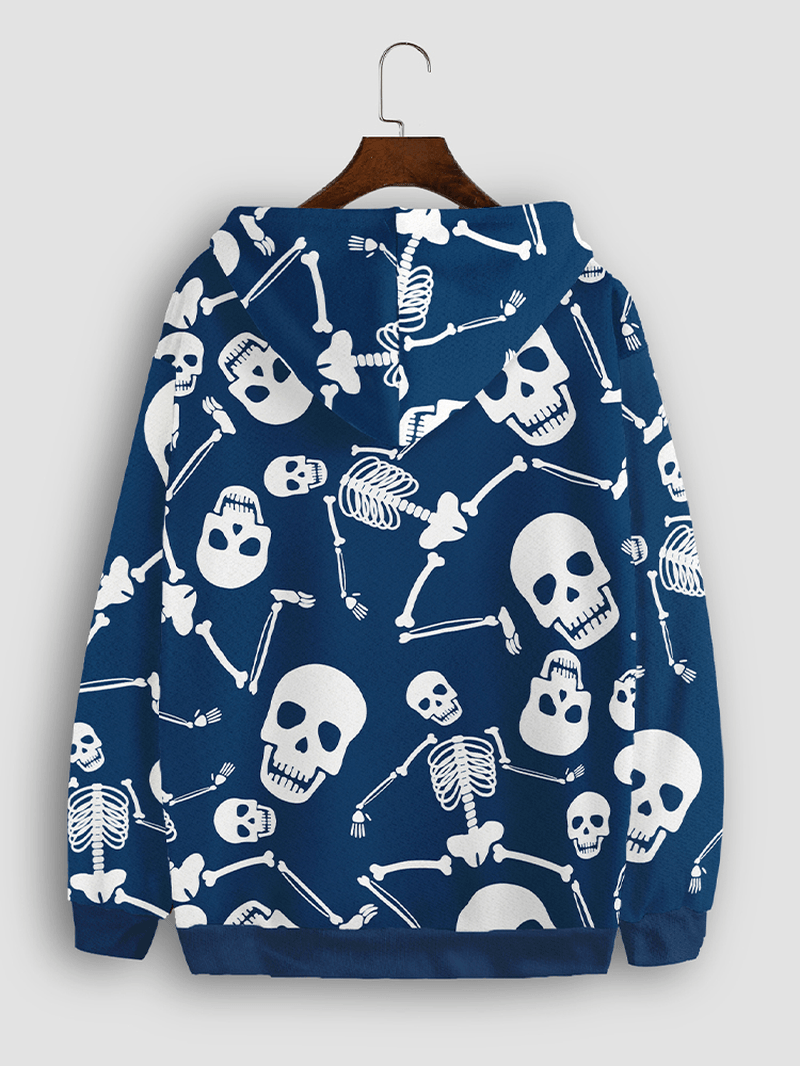 Mens Halloween Skull Head Kangaroo Pocket Blue Hoodies - MRSLM