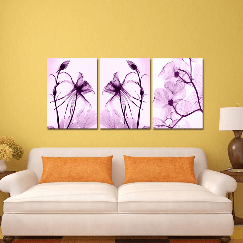 Miico Hand Painted Three Combination Decorative Paintings Botanic Purple Flowers Wall Art for Home Decoration - MRSLM