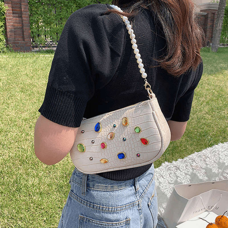 Women Crocodile Pattern Gem Shoulder Bag Crossbody Bag - MRSLM