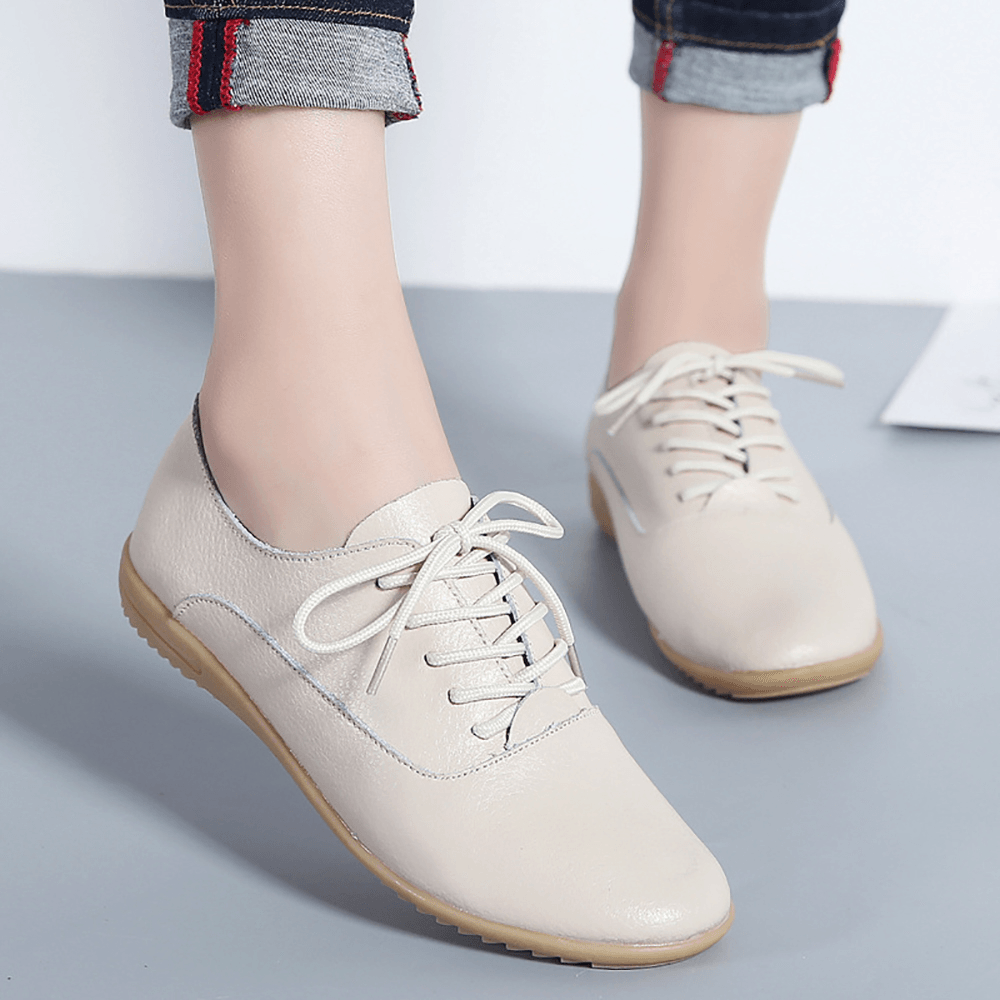 Women Slip Resistant Lace up Casual Leather Flats - MRSLM