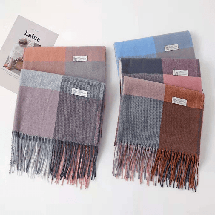 Cashmere Check Scarf Mid-Length Thick Warmth Tassel Shawl - MRSLM