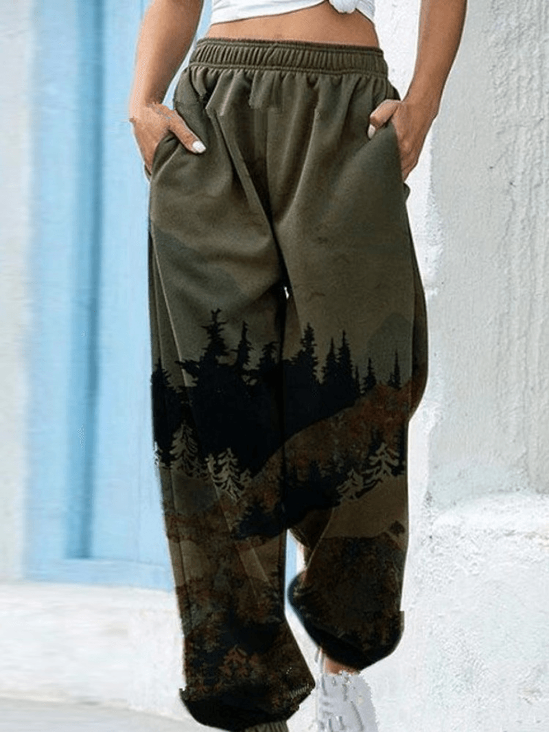 Women Casual Landscape Print Elastic Mid Waist Loose Harm Pants - MRSLM