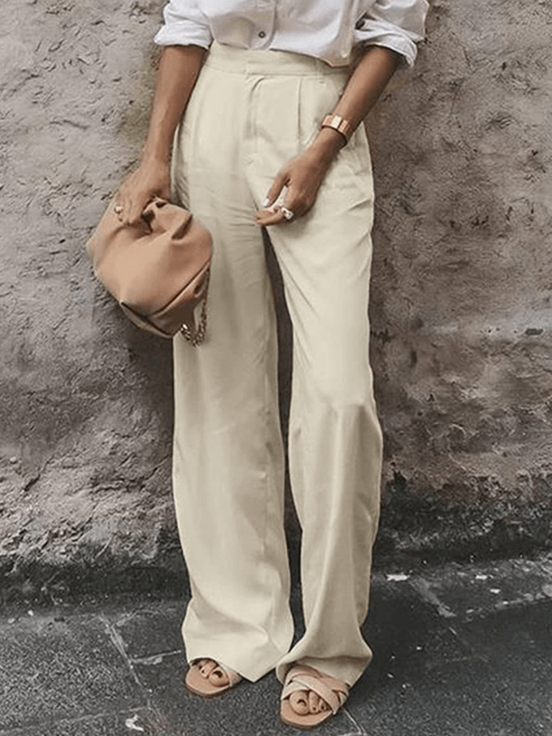 Women High Waist Wide Leg Simple Solid Elegant Casual Long Style Suit Trousers - MRSLM