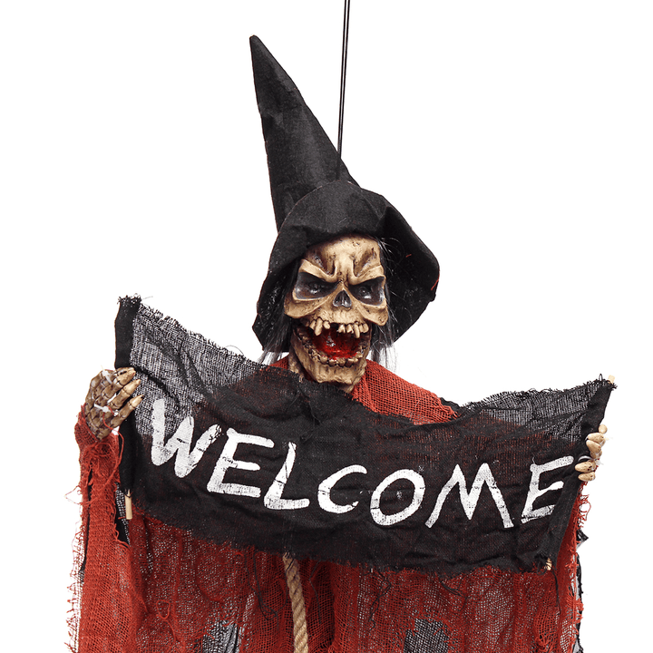 Halloween Tools Scary Welcome Sign Hanging Skeleton Voice Lights Eyes for Halloween Decorations - MRSLM