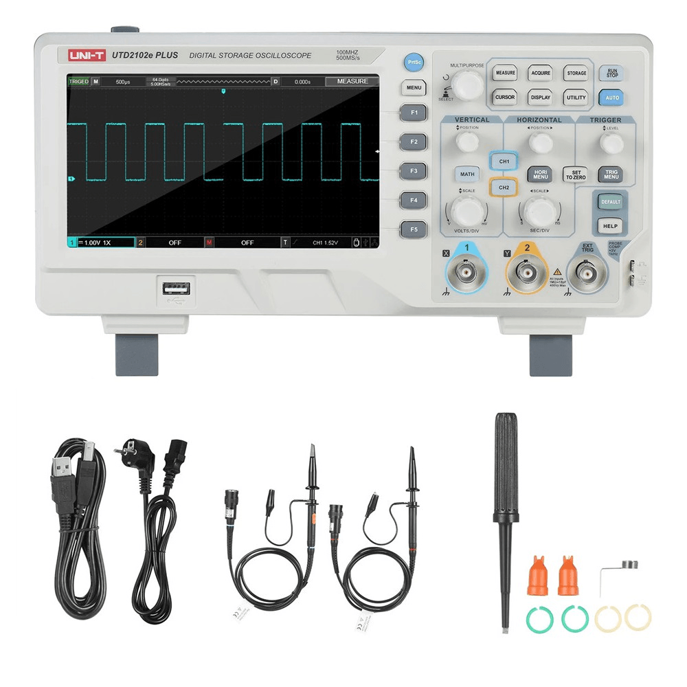 UNI-T Utd2102E plus Digital Oscilloscope with 7-Inch LCD Display Scopemeter with 100Mhz Bandwidth 2 Channels 500MS/S Real Time Sample Rate 64Kpts Depth Storage - MRSLM