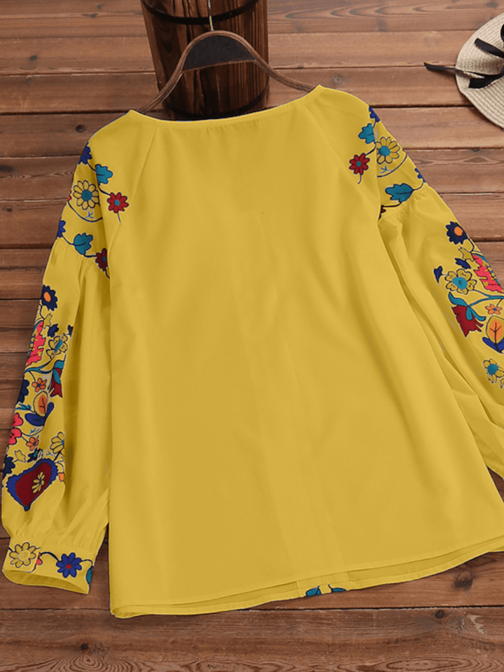 Puff Sleeve Casual Loose O-Neck Floral Ethnic Style Blouse - MRSLM