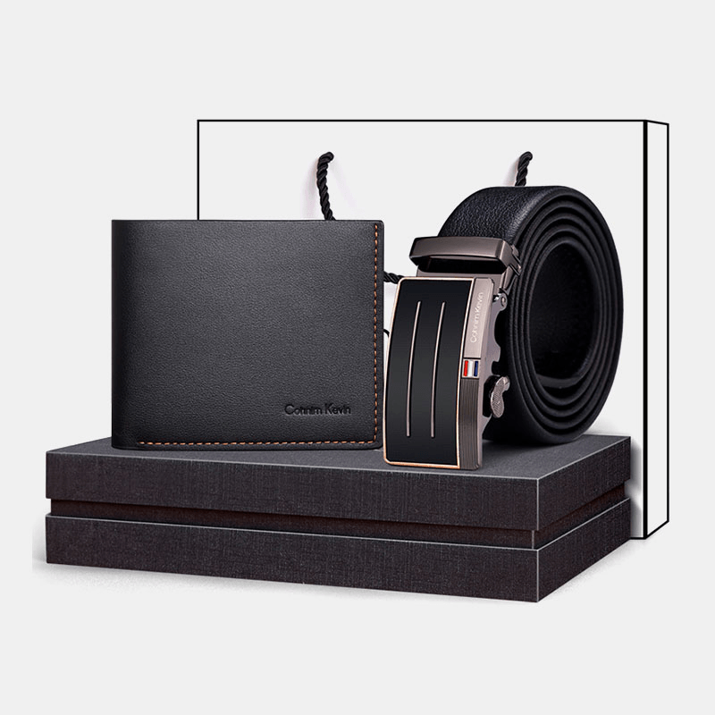 2 Pcs Men PU Leather Large Capacity Bifold Card Holder Coin Purse Wallet Automatic Buckle Belt Valentine'S Day Gift Set - MRSLM