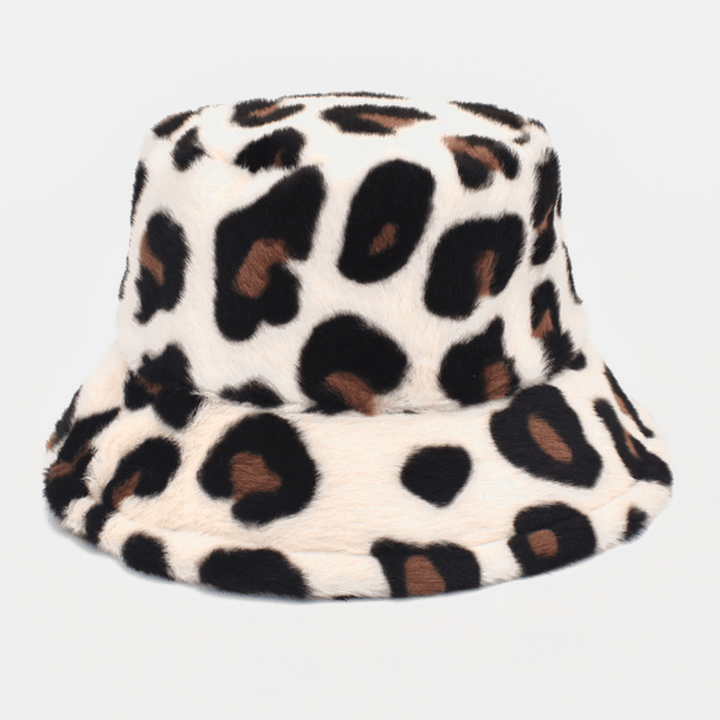 Unisex Plush Soft Warm Casual All-Match Cute Leopard Pattern Bucket Hat - MRSLM