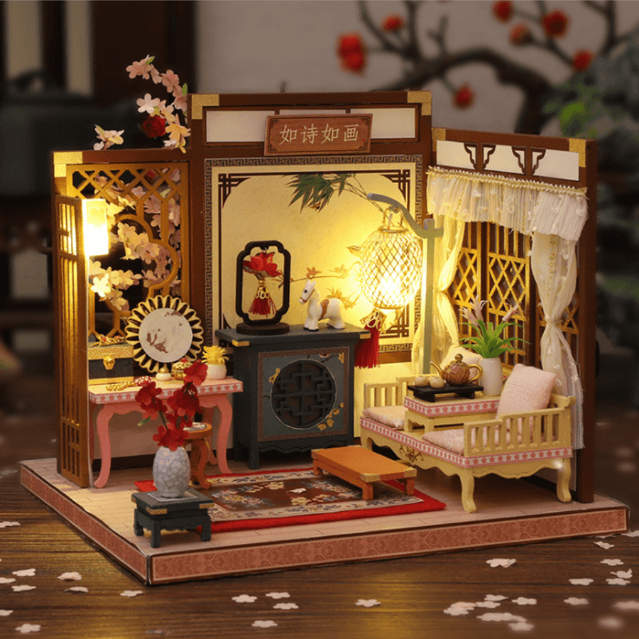 DIY Creative Chinese Style Retro Architectural Model Wooden Doll House Miniature Landscape Home Creative Gifts with Dust Cover and Furniture - MRSLM