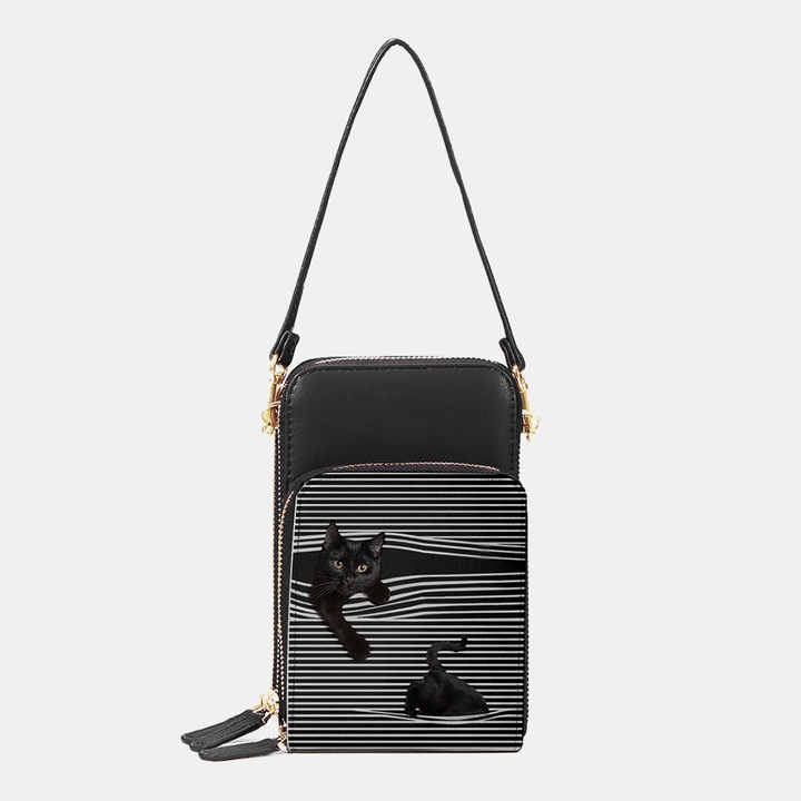 Women Faux Leather Casual Cute Black Cat and Stripes Pattern Adjustable Shoulder Bag Crossbody Bag - MRSLM