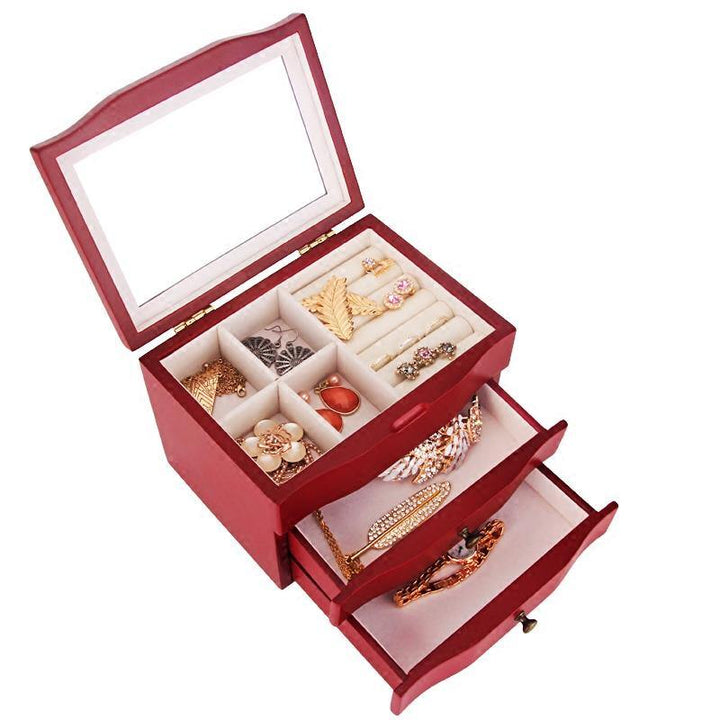 Wooden Jewelry Box with Mirror Three Floors Make-up Box Jewelry Dressing Box - MRSLM