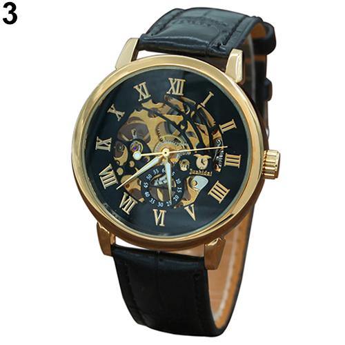 Men Fashion Roman Numerals Mechanical Skeleton Hollow Dial Business Wrist Watch - MRSLM