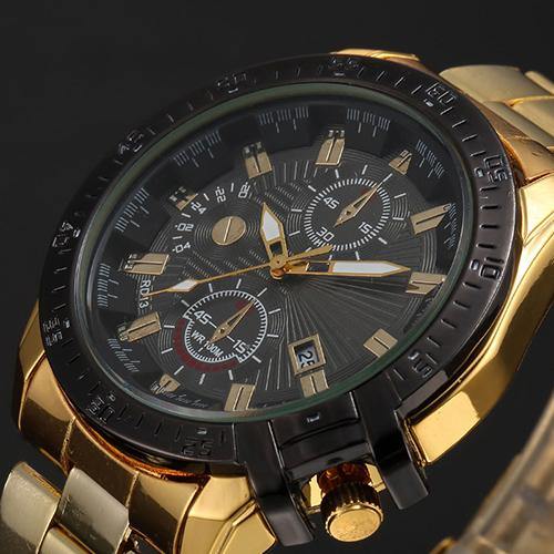 Luxury Men Golden Color Band Stainless Steel Date Quartz Analog Sport Wrist Watch - MRSLM