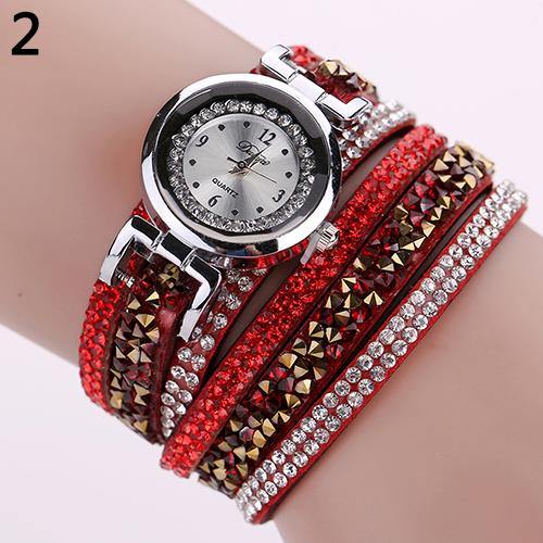 Women Fashion Multilayer Rhinestone Faux Leather Strap Bracelet Wrist Watch - MRSLM