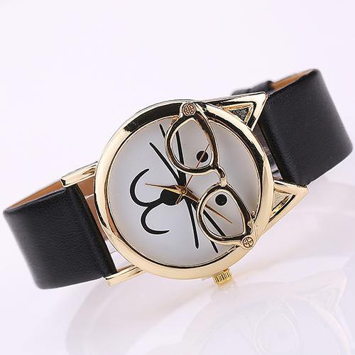 Unisex Fashion Faux Leather Band Cute Glasses Cat Case Analog Quartz Wrist Watch - MRSLM