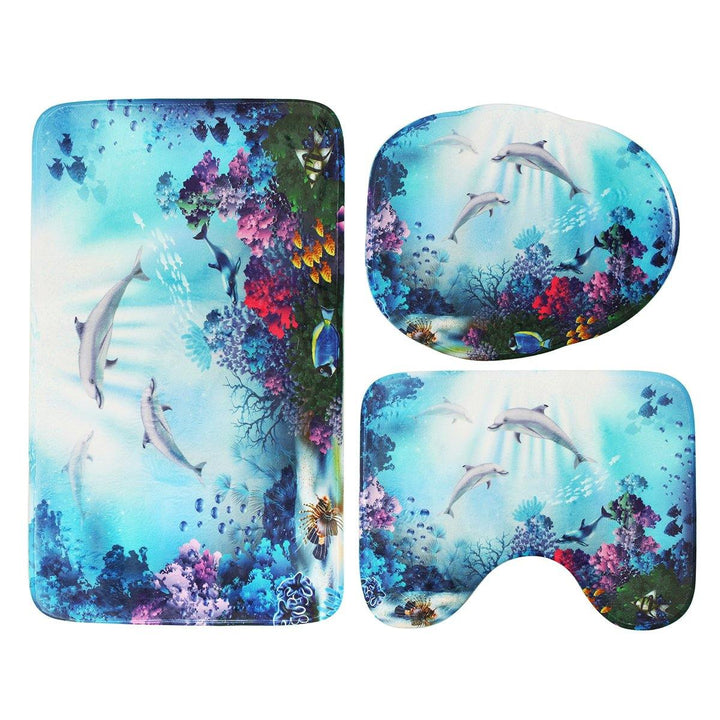 1/3/4 Pcs Sea Style Dolphin Waterproof Shower Curtain Set Toilet Cover Mat Bathroom Non-Slip Mat Pedestal Rug Kit - MRSLM