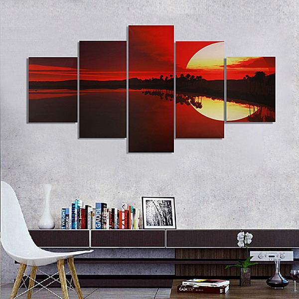 5PCS Frameless Canvas Painting Red Dusk Lakeside Picture Modern Wall Art Home Decor - MRSLM