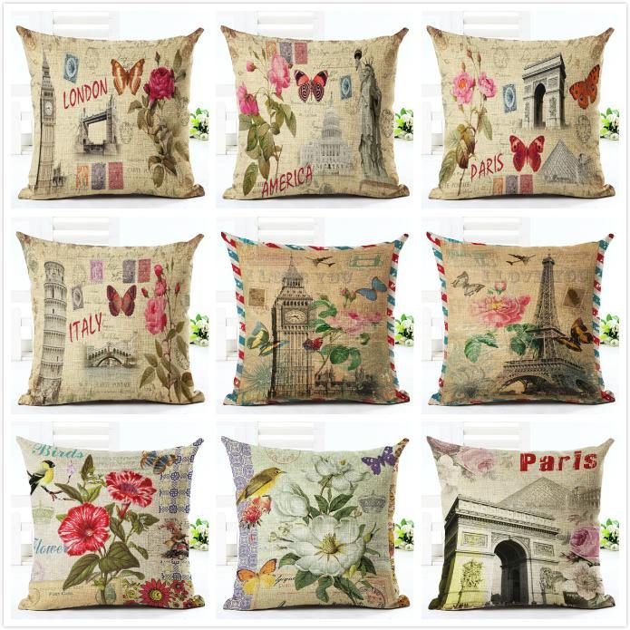 Honana 45x45cm Home Decoration Eiffel Tower Style Flowers Butterflies Pillow Case Cotton Linen Cushion Cover Home Sofa Car Decor - MRSLM