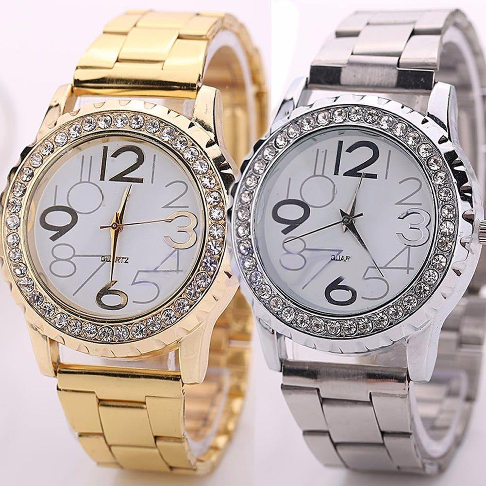 Unisex Fashion Rhinestone Stainless Steel Band Analog Quartz Couple Wrist Watch - MRSLM