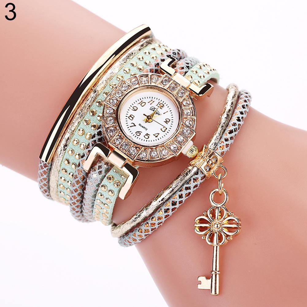 Key Pendant Multi-Layer Rivets Band Arabic Numerals Quartz Bracelet Wrist Watch - MRSLM