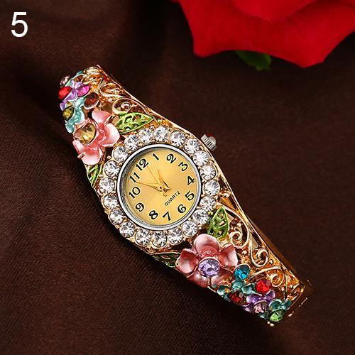 Women's Beautiful Flower Band Hollow Out Bangle Crystal Quartz Bracelet Watch Jewelry - MRSLM