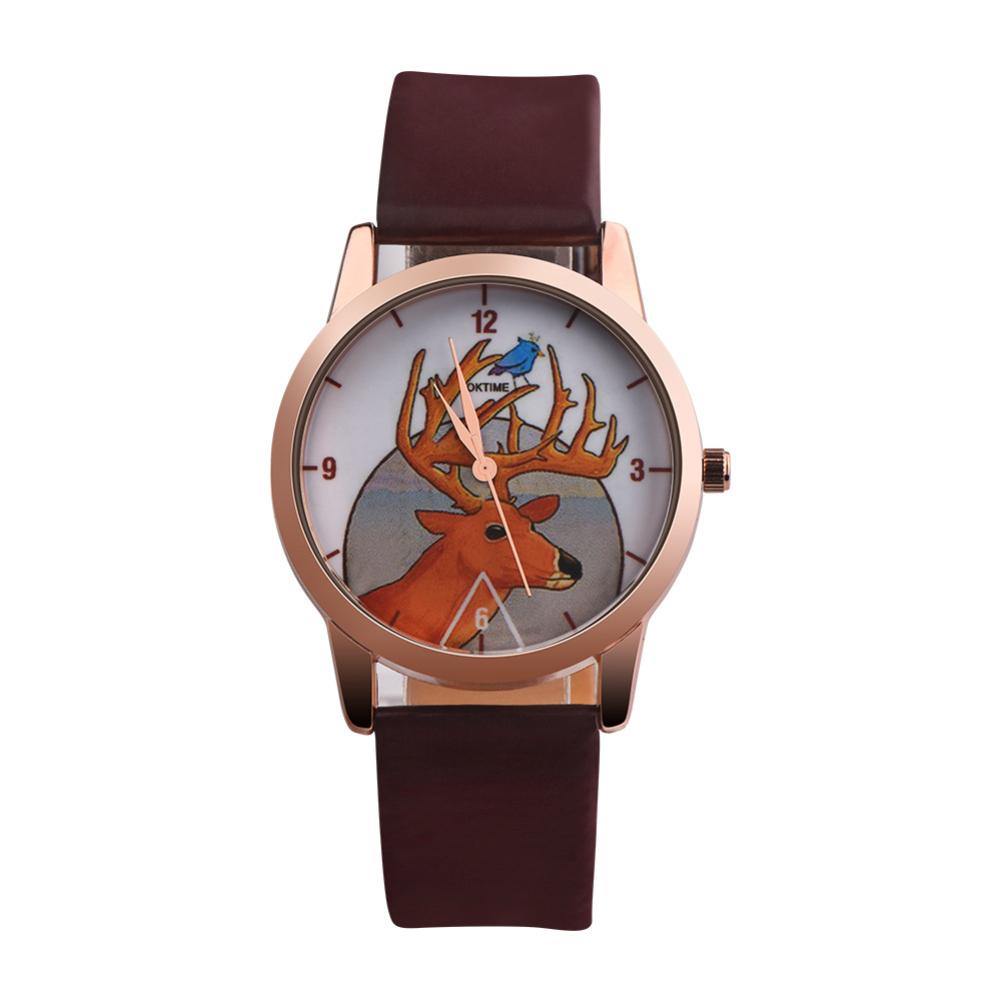 Fashion Christmas Deer Faux Leather Band Quartz Analog Wrist Watch Student Gift - MRSLM