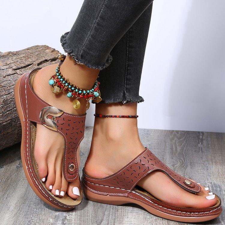 Women's New Round Head Hollow Metal Buckle Wedge Heel Comfortable Toe Sandals - MRSLM