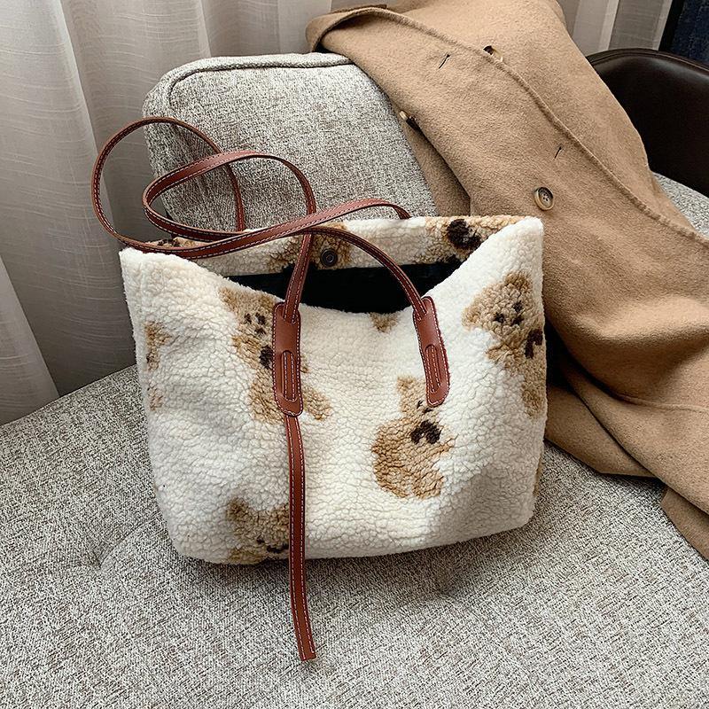 Women Cute Bear Plush Shoulder Bag Large Tote Handbag Purse - MRSLM