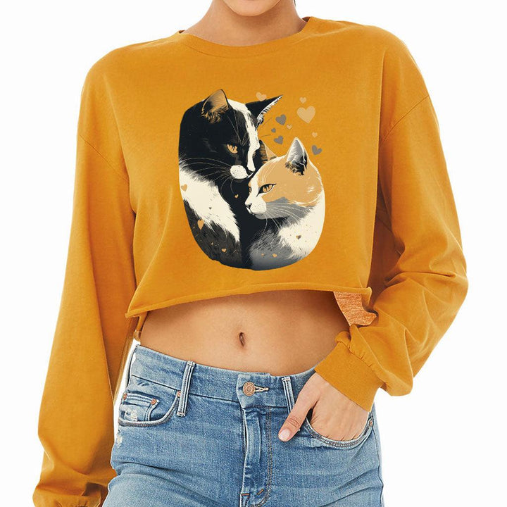 Cat Love Cropped Long Sleeve T-Shirt - Couple Style Women's T-Shirt - Printed Long Sleeve Tee - MRSLM