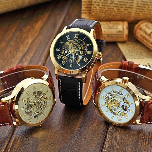 Men Fashion Roman Numerals Mechanical Skeleton Hollow Dial Business Wrist Watch - MRSLM