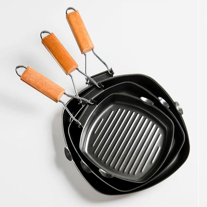 Cast Iron Steak Grill Pans Non-Stick Wooden Handle Folding for Kitchen Fry Cooking Portable Square Steak Pans - MRSLM