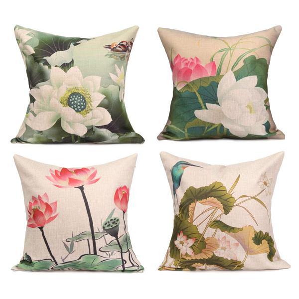 Chinese Ink Lotus Series Throw Pillow Case Cotton Linen Cushion Cover Home Sofa Decor - MRSLM