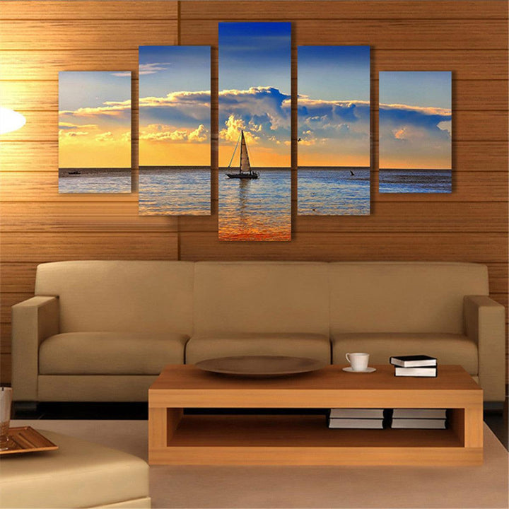 5Pcs Sunset Sailing Boat Canvas Print Paintings Wall Decorative Print Art Pictures Frameless Wall Hanging Decorations for Home Office - MRSLM