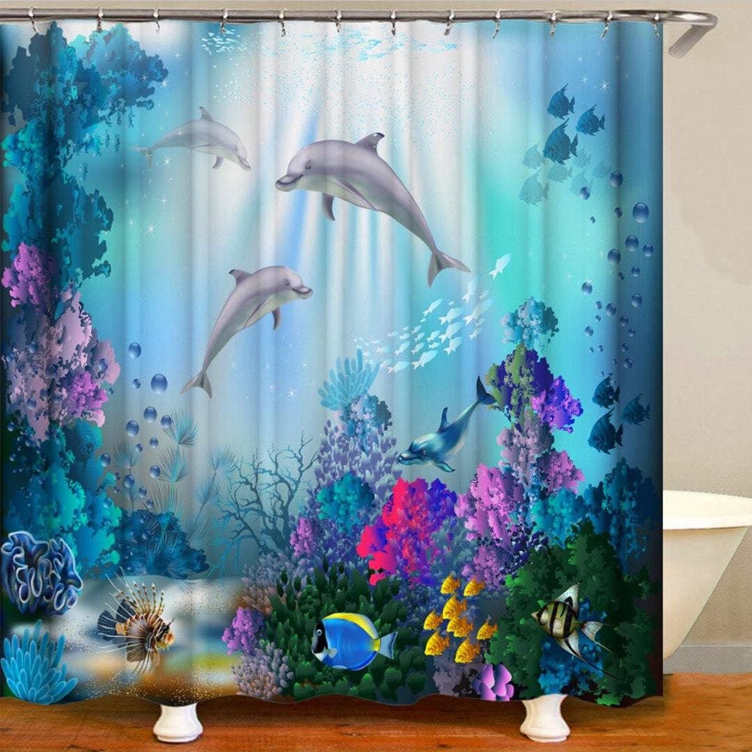 1/3/4 Pcs Sea Style Dolphin Waterproof Shower Curtain Set Toilet Cover Mat Bathroom Non-Slip Mat Pedestal Rug Kit - MRSLM