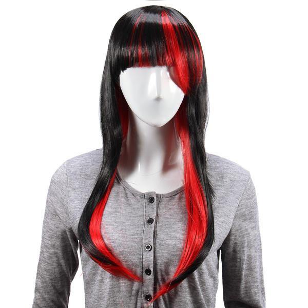 Animation Black Red Layered Wig Synthetic Hair Long Straight Women Wigs Cosplay Party 70cm - MRSLM