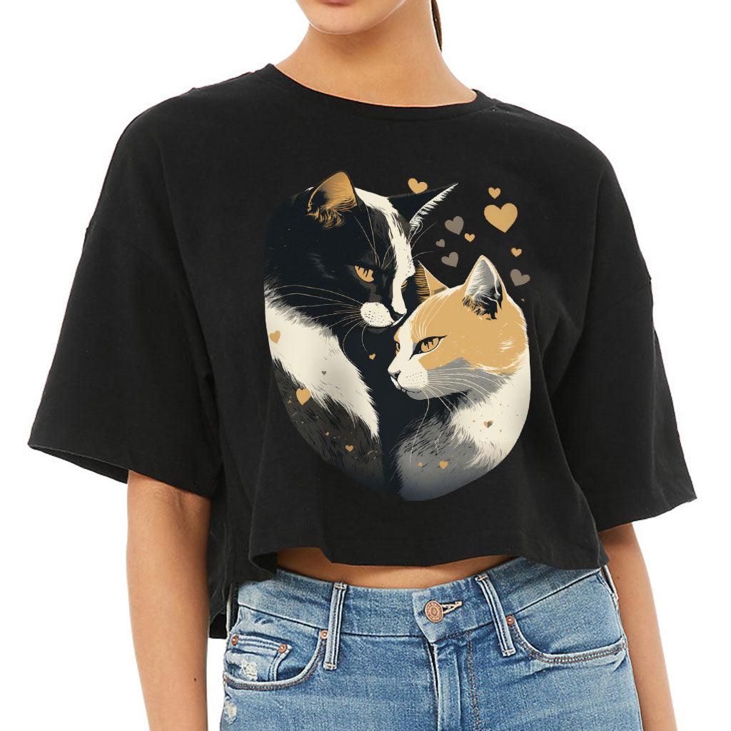 Cat Love Women's Crop Tee Shirt - Couple Style Cropped T-Shirt - Printed Crop Top - MRSLM