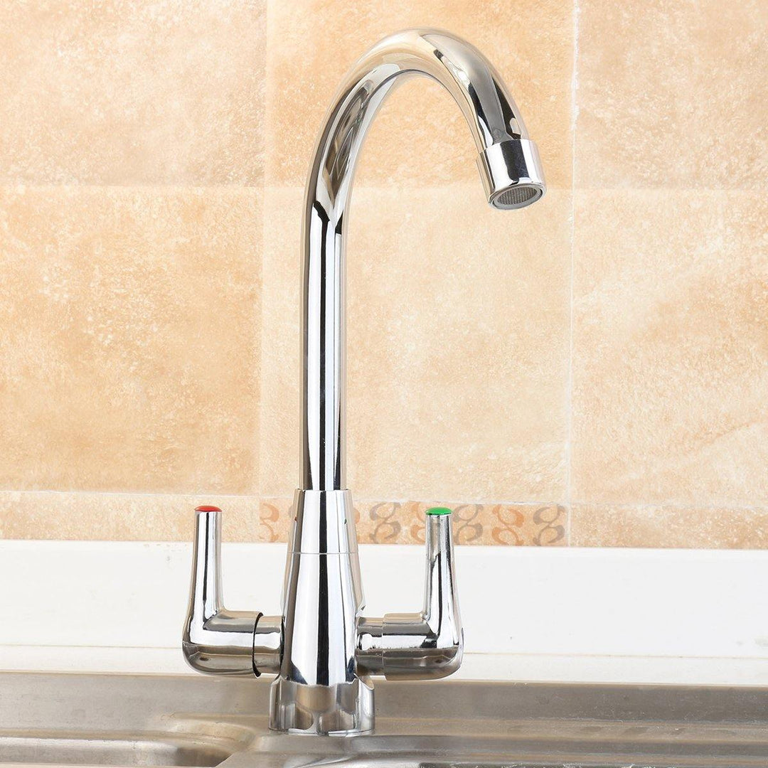 Chrome Modern Kitchen Sink Basin Faucet Twin Lever Rotation Spout Cold and Hot Water Mixer Tap - MRSLM