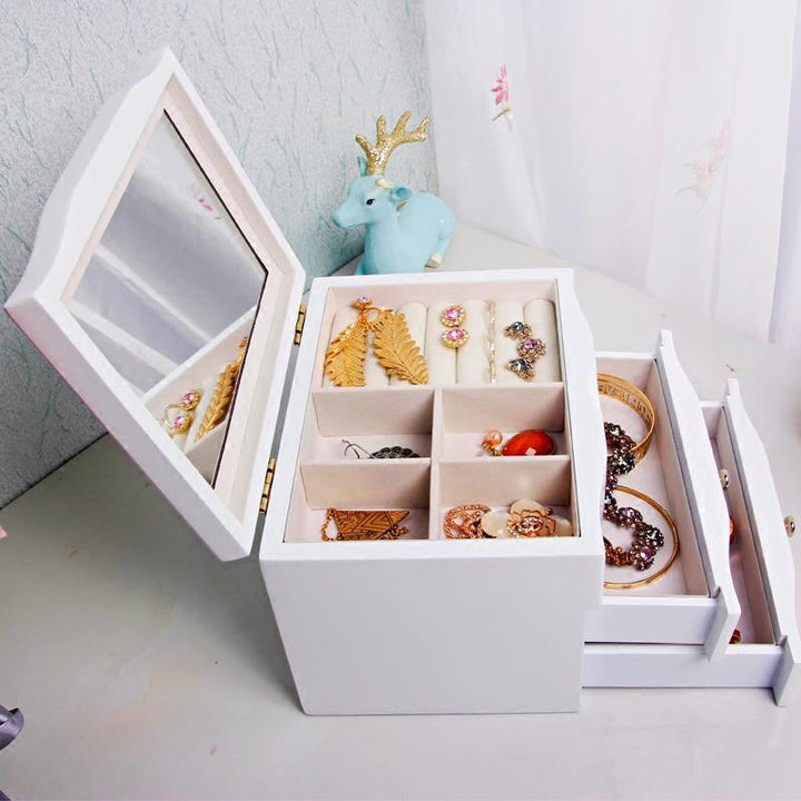 Wooden Jewelry Box with Mirror Three Floors Make-up Box Jewelry Dressing Box - MRSLM