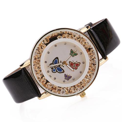 Women Fashion Butterfly Flowing Rhinestone Dial Faux Leather Analog Wrist Watch - MRSLM