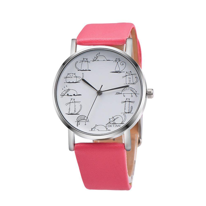 Girl Retro Design Lovely Kitty Cartoon Cat Faux Leather Band Alloy Wristwatch - MRSLM