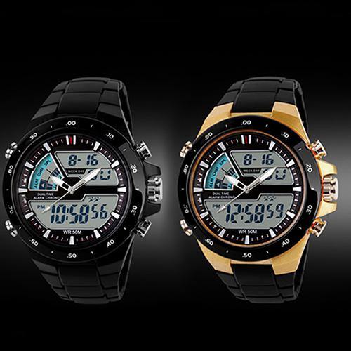 Men Waterproof Sport Digital Analog Dual Time Alarm Date Chronograph Wrist Watch - MRSLM