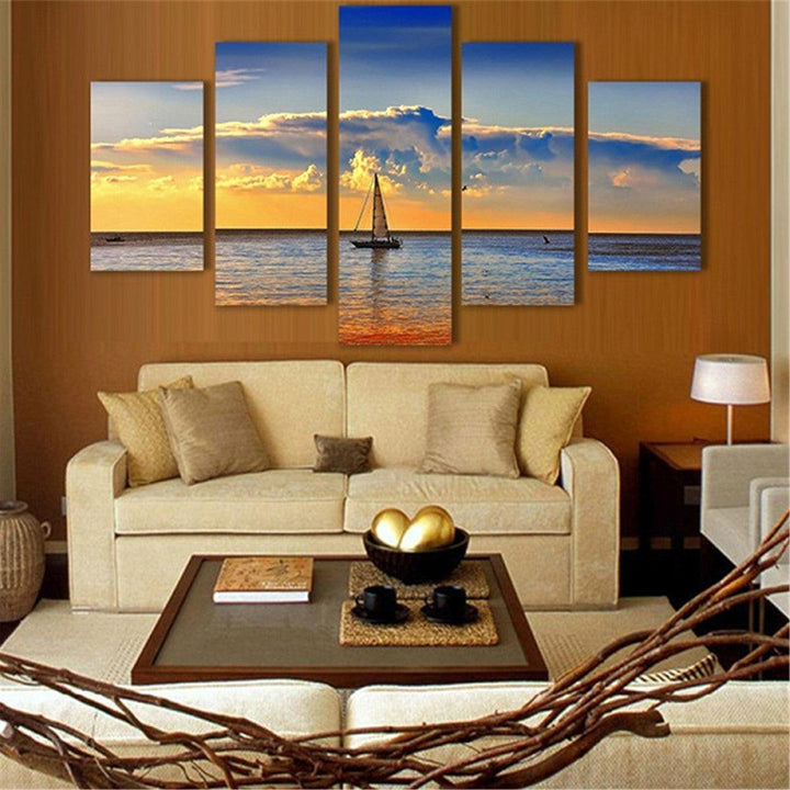 5Pcs Sunset Sailing Boat Canvas Print Paintings Wall Decorative Print Art Pictures Frameless Wall Hanging Decorations for Home Office - MRSLM