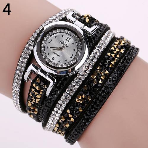 Women Fashion Multilayer Rhinestone Faux Leather Strap Bracelet Wrist Watch - MRSLM