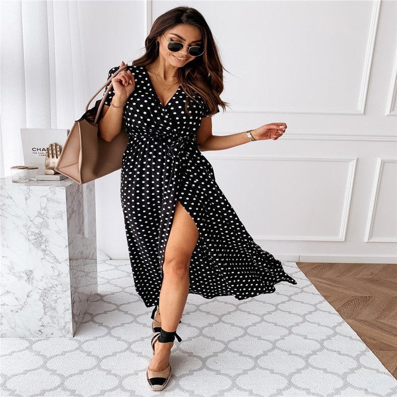 V-neck Bohemian Polka Dot Print Dress Long Skirt - MRSLM