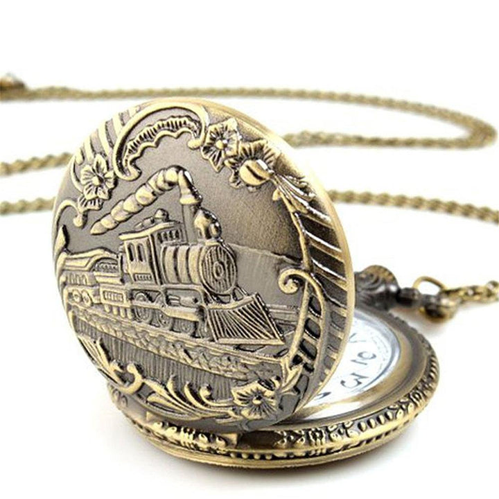 Unisex Antique Case Vintage Brass Rib Chain Train Pattern Quartz Pocket Watch - MRSLM