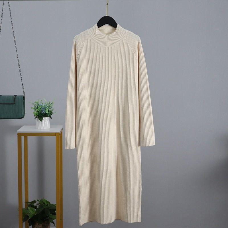 Oversized Turtleneck Women's Dress in Midi Length