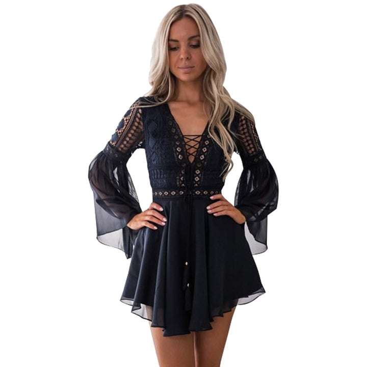 Women's Lace Embroidery Flare Sleeve Mini Dress